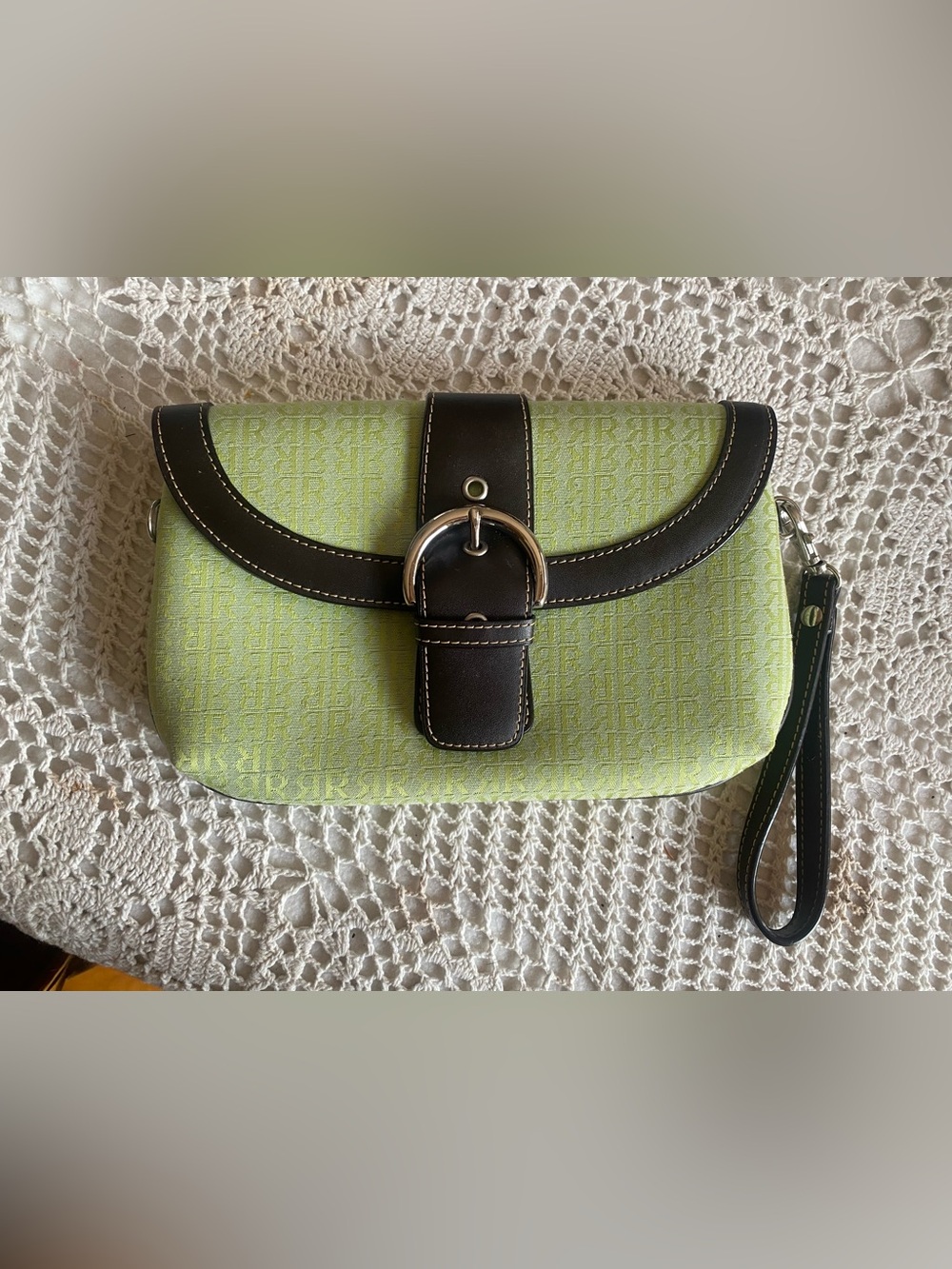 Vintage Pedro Rogado Green Monogram Wristlet Clutch - Genuine Leather Trim